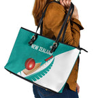 New Zealand Cricket Leather Tote Bag Kiwi Birds Haka Dance Turquoise Fern Sporty Style
