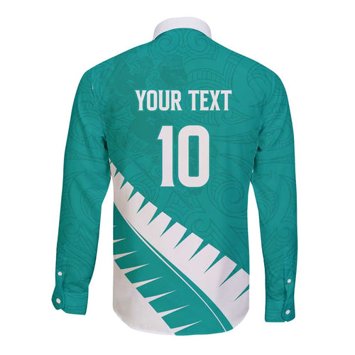 Custom New Zealand Cricket Long Sleeve Button Shirt Kiwi Birds Haka Dance Turquoise Fern Sporty Style