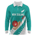 Custom New Zealand Cricket Long Sleeve Polo Shirt Kiwi Birds Haka Dance Turquoise Fern Sporty Style