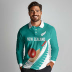 Custom New Zealand Cricket Long Sleeve Polo Shirt Kiwi Birds Haka Dance Turquoise Fern Sporty Style
