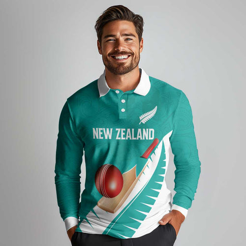 Custom New Zealand Cricket Long Sleeve Polo Shirt Kiwi Birds Haka Dance Turquoise Fern Sporty Style