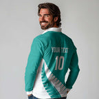 Custom New Zealand Cricket Long Sleeve Polo Shirt Kiwi Birds Haka Dance Turquoise Fern Sporty Style