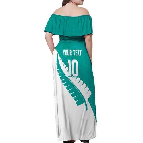 Custom New Zealand Cricket Off Shoulder Maxi Dress Kiwi Birds Haka Dance Turquoise Fern Sporty Style