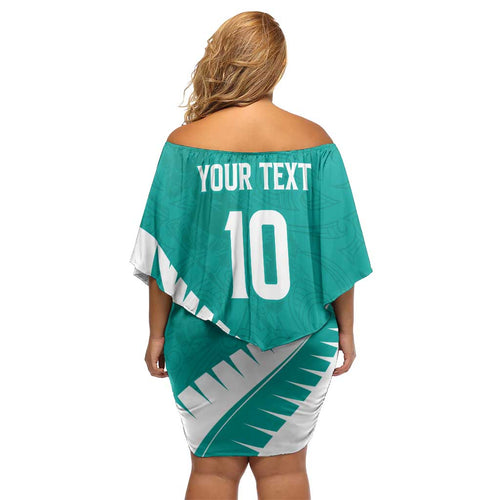 Custom New Zealand Cricket Off Shoulder Short Dress Kiwi Birds Haka Dance Turquoise Fern Sporty Style