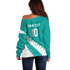 Custom New Zealand Cricket Off Shoulder Sweater Kiwi Birds Haka Dance Turquoise Fern Sporty Style