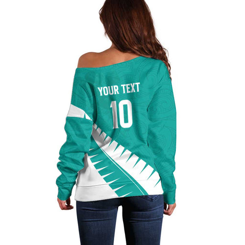 Custom New Zealand Cricket Off Shoulder Sweater Kiwi Birds Haka Dance Turquoise Fern Sporty Style