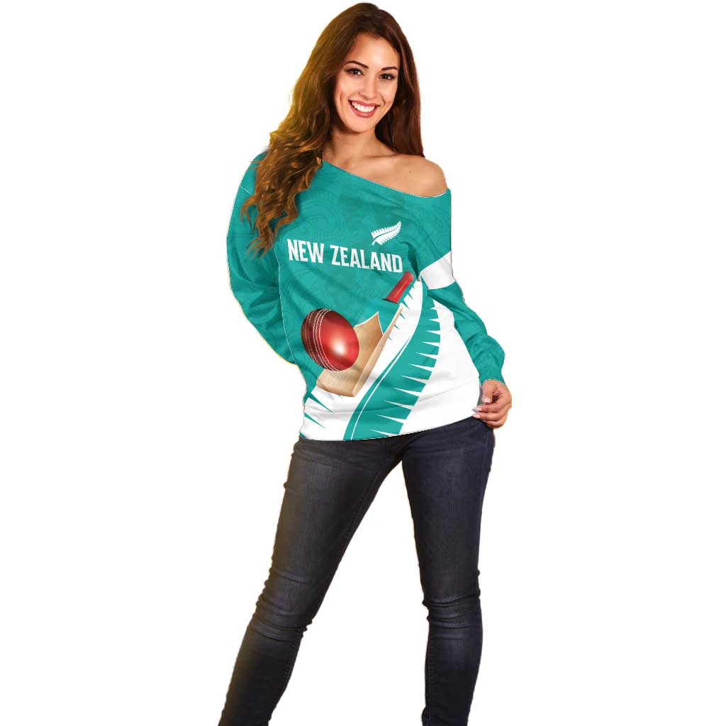 Custom New Zealand Cricket Off Shoulder Sweater Kiwi Birds Haka Dance Turquoise Fern Sporty Style