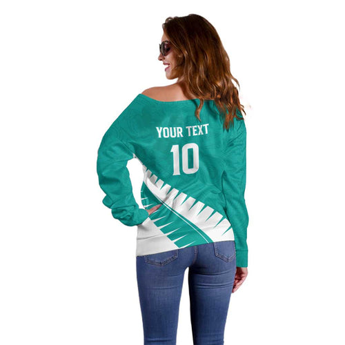 Custom New Zealand Cricket Off Shoulder Sweater Kiwi Birds Haka Dance Turquoise Fern Sporty Style