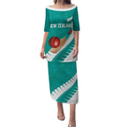 Custom New Zealand Cricket Puletasi Kiwi Birds Haka Dance Turquoise Fern Sporty Style