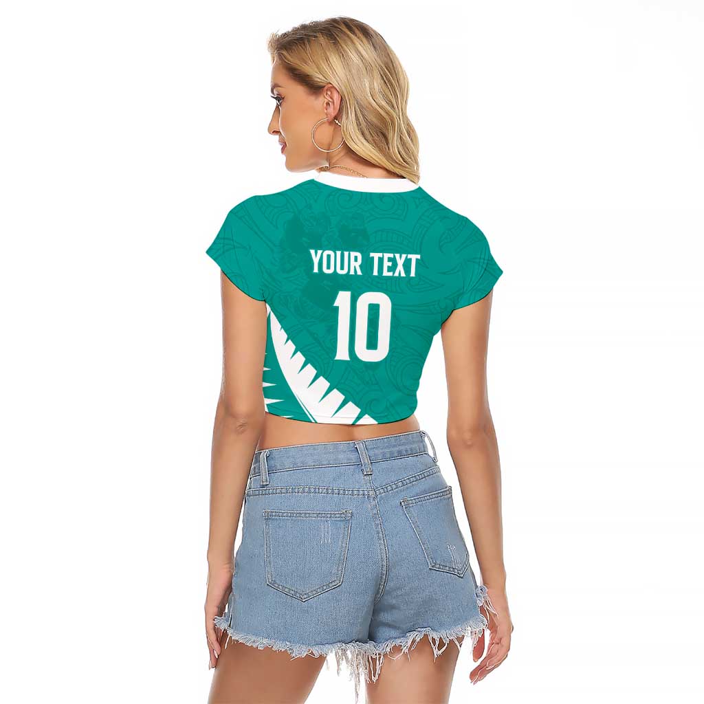 Custom New Zealand Cricket Raglan Cropped T Shirt Kiwi Birds Haka Dance Turquoise Fern Sporty Style