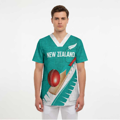 Custom New Zealand Cricket Scrub Top Kiwi Birds Haka Dance Turquoise Fern Sporty Style
