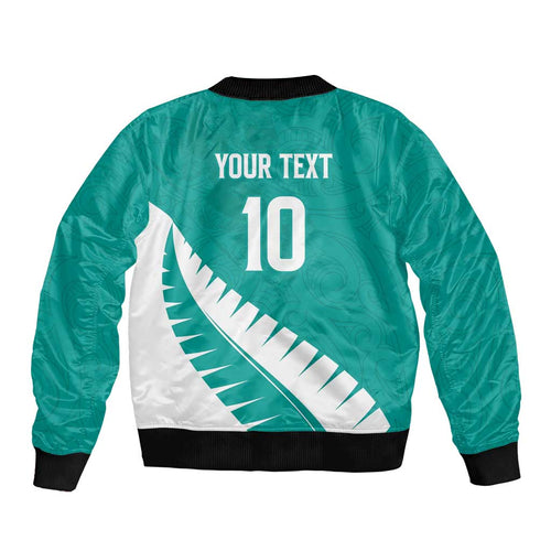 Custom New Zealand Cricket Sleeve Zip Bomber Jacket Kiwi Birds Haka Dance Turquoise Fern Sporty Style