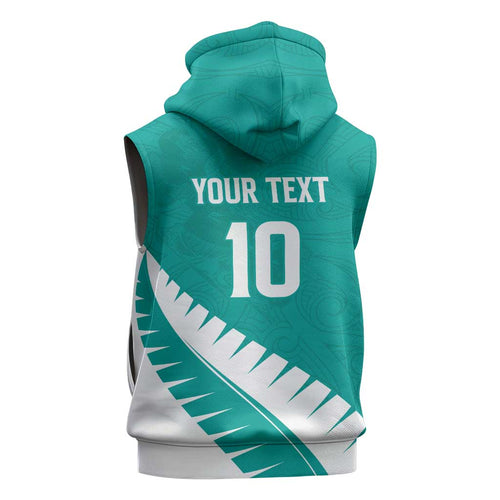 Custom New Zealand Cricket Sleeveless Hoodie Kiwi Birds Haka Dance Turquoise Fern Sporty Style