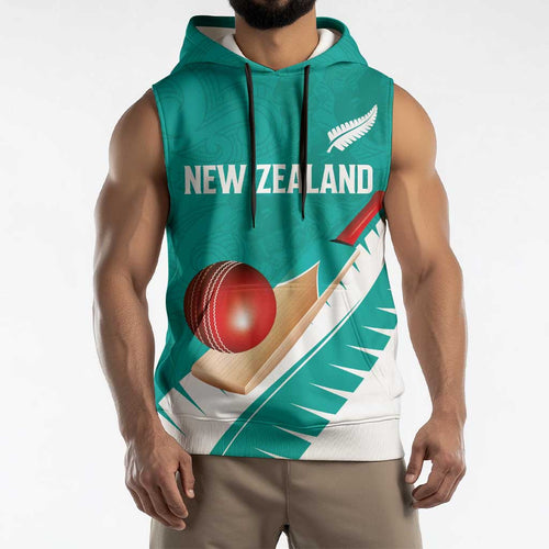 Custom New Zealand Cricket Sleeveless Hoodie Kiwi Birds Haka Dance Turquoise Fern Sporty Style