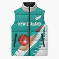 Custom New Zealand Cricket Sleeveless Puffer Jacket Kiwi Birds Haka Dance Turquoise Fern Sporty Style