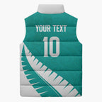 Custom New Zealand Cricket Sleeveless Puffer Jacket Kiwi Birds Haka Dance Turquoise Fern Sporty Style