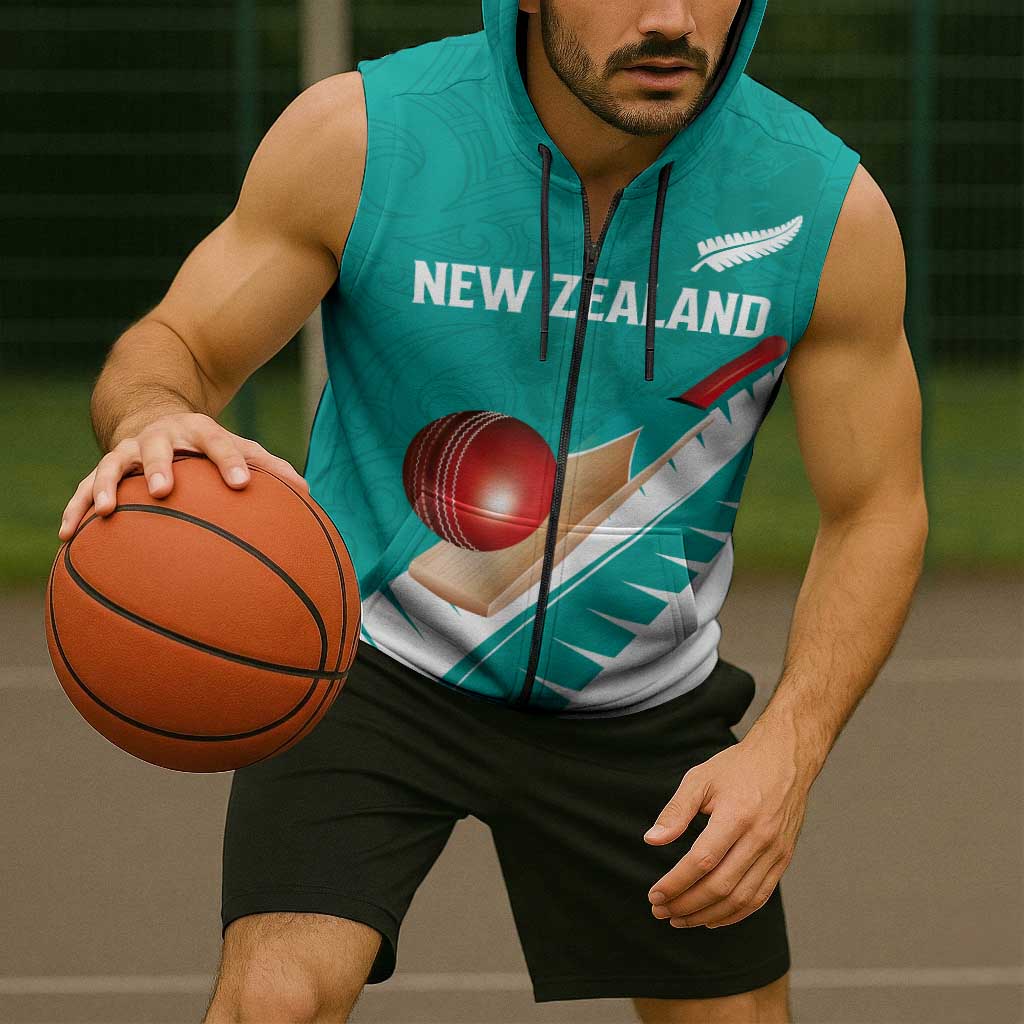 Custom New Zealand Cricket Sleeveless Zip Hoodie Kiwi Birds Haka Dance Turquoise Fern Sporty Style