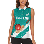Custom New Zealand Cricket Women Sleeveless Polo Shirt Kiwi Birds Haka Dance Turquoise Fern Sporty Style