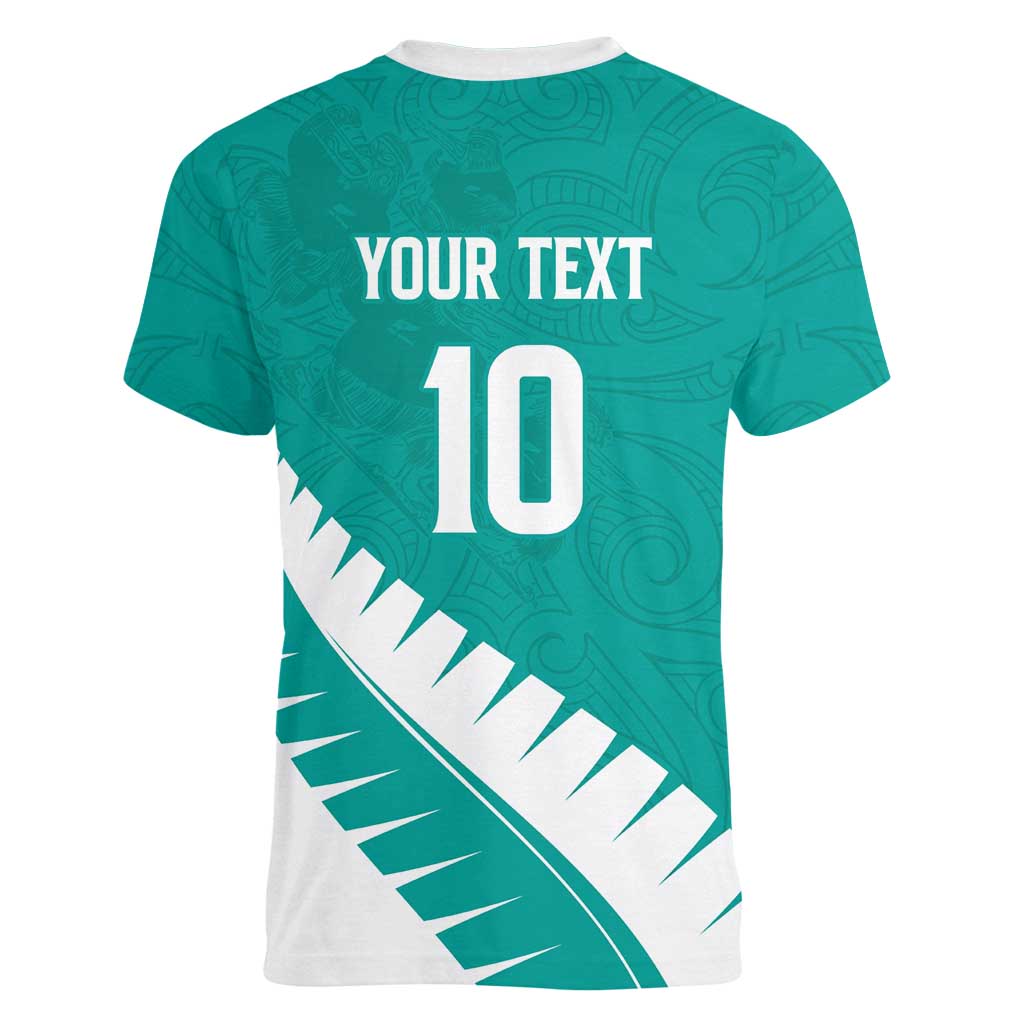 Custom New Zealand Cricket Women V-Neck T-Shirt Kiwi Birds Haka Dance Turquoise Fern Sporty Style