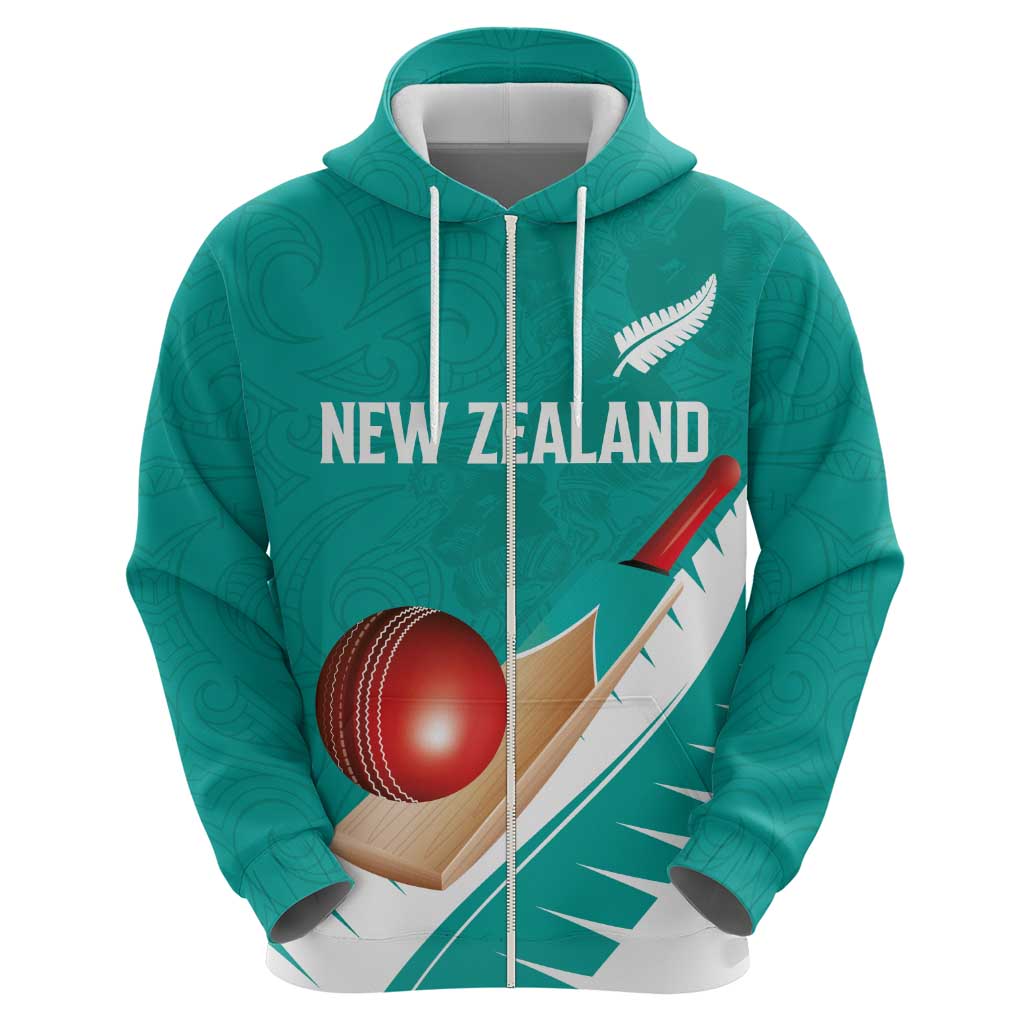 Custom New Zealand Cricket Zip Hoodie Kiwi Birds Haka Dance Turquoise Fern Sporty Style