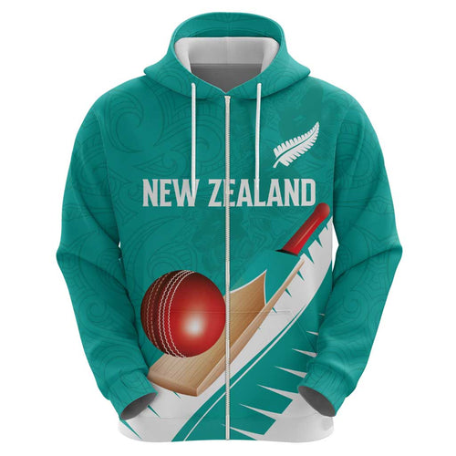Custom New Zealand Cricket Zip Hoodie Kiwi Birds Haka Dance Turquoise Fern Sporty Style