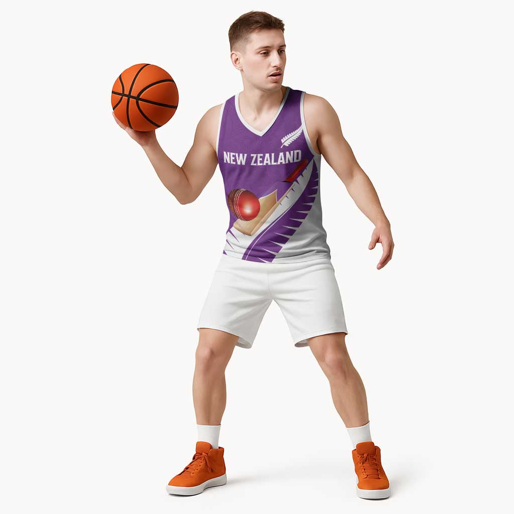 Custom New Zealand Cricket Basketball Jersey Kiwi Birds Haka Dance Purple Fern Sporty Style