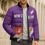 Custom New Zealand Cricket Bomber Puffer Jacket Kiwi Birds Haka Dance Purple Fern Sporty Style