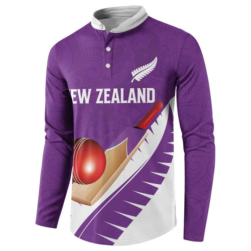 Custom New Zealand Cricket Button Sweatshirt Kiwi Birds Haka Dance Purple Fern Sporty Style
