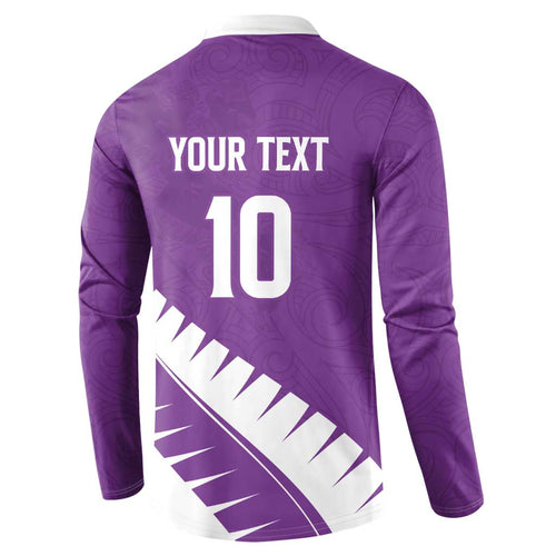 Custom New Zealand Cricket Button Sweatshirt Kiwi Birds Haka Dance Purple Fern Sporty Style