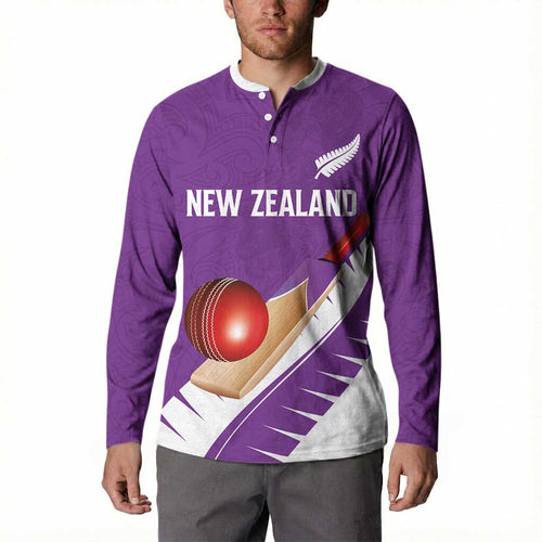 Custom New Zealand Cricket Button Sweatshirt Kiwi Birds Haka Dance Purple Fern Sporty Style