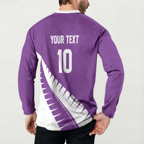 Custom New Zealand Cricket Button Sweatshirt Kiwi Birds Haka Dance Purple Fern Sporty Style