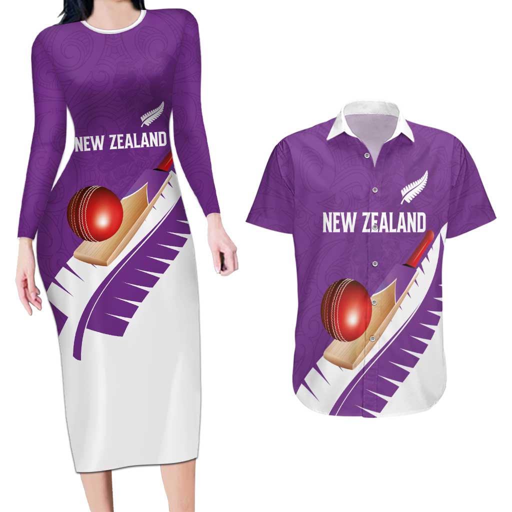 Custom New Zealand Cricket Couples Matching Long Sleeve Bodycon Dress and Hawaiian Shirt Kiwi Birds Haka Dance Purple Fern Sporty Style