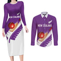 Custom New Zealand Cricket Couples Matching Long Sleeve Bodycon Dress and Long Sleeve Button Shirt Kiwi Birds Haka Dance Purple Fern Sporty Style