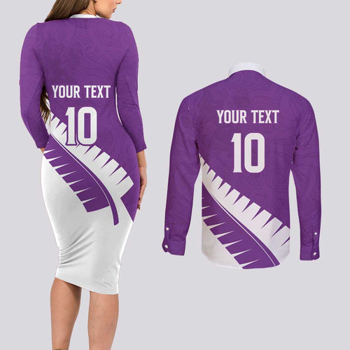 Custom New Zealand Cricket Couples Matching Long Sleeve Bodycon Dress and Long Sleeve Button Shirt Kiwi Birds Haka Dance Purple Fern Sporty Style