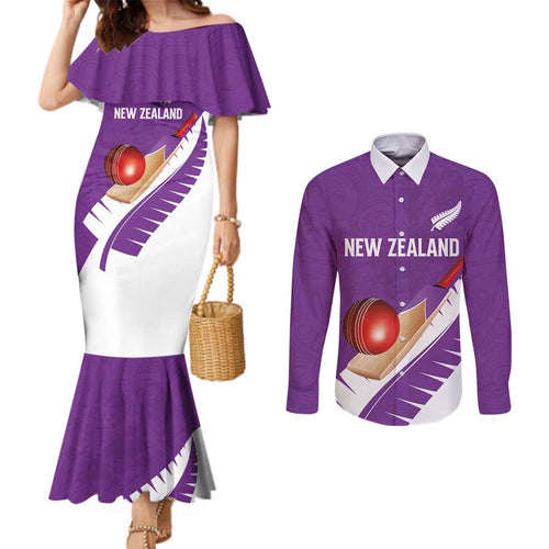 Custom New Zealand Cricket Couples Matching Mermaid Dress and Long Sleeve Button Shirt Kiwi Birds Haka Dance Purple Fern Sporty Style