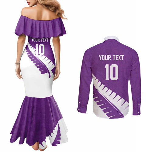 Custom New Zealand Cricket Couples Matching Mermaid Dress and Long Sleeve Button Shirt Kiwi Birds Haka Dance Purple Fern Sporty Style