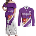 Custom New Zealand Cricket Couples Matching Off Shoulder Maxi Dress and Long Sleeve Button Shirt Kiwi Birds Haka Dance Purple Fern Sporty Style
