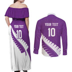 Custom New Zealand Cricket Couples Matching Off Shoulder Maxi Dress and Long Sleeve Button Shirt Kiwi Birds Haka Dance Purple Fern Sporty Style