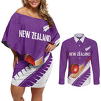 Custom New Zealand Cricket Couples Matching Off Shoulder Short Dress and Long Sleeve Button Shirt Kiwi Birds Haka Dance Purple Fern Sporty Style