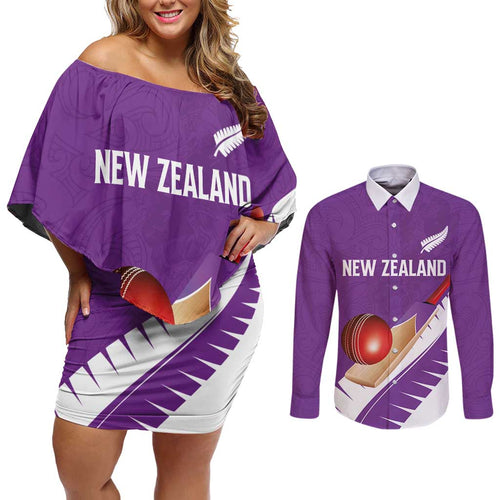 Custom New Zealand Cricket Couples Matching Off Shoulder Short Dress and Long Sleeve Button Shirt Kiwi Birds Haka Dance Purple Fern Sporty Style