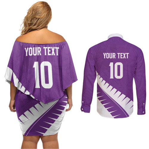 Custom New Zealand Cricket Couples Matching Off Shoulder Short Dress and Long Sleeve Button Shirt Kiwi Birds Haka Dance Purple Fern Sporty Style