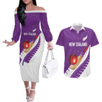 Custom New Zealand Cricket Couples Matching Off The Shoulder Long Sleeve Dress and Hawaiian Shirt Kiwi Birds Haka Dance Purple Fern Sporty Style