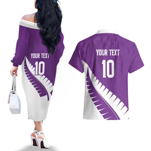 Custom New Zealand Cricket Couples Matching Off The Shoulder Long Sleeve Dress and Hawaiian Shirt Kiwi Birds Haka Dance Purple Fern Sporty Style