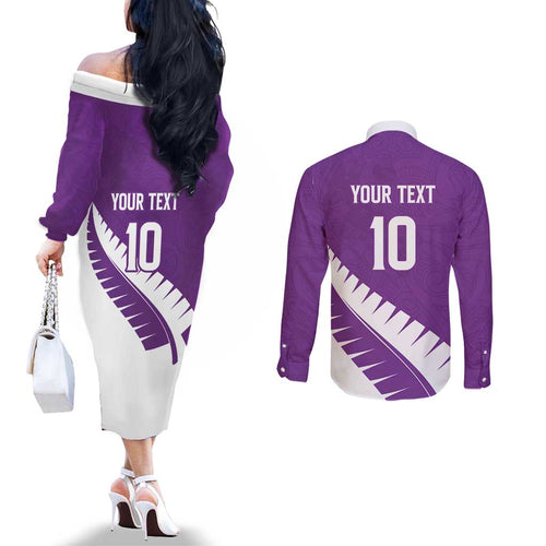 Custom New Zealand Cricket Couples Matching Off The Shoulder Long Sleeve Dress and Long Sleeve Button Shirt Kiwi Birds Haka Dance Purple Fern Sporty Style