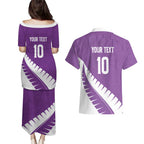 Custom New Zealand Cricket Couples Matching Puletasi and Hawaiian Shirt Kiwi Birds Haka Dance Purple Fern Sporty Style