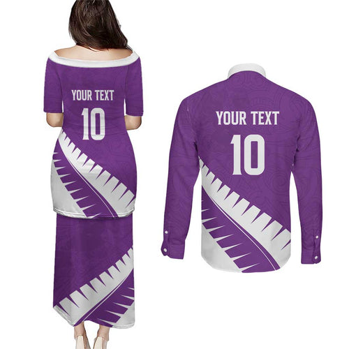 Custom New Zealand Cricket Couples Matching Puletasi and Long Sleeve Button Shirt Kiwi Birds Haka Dance Purple Fern Sporty Style