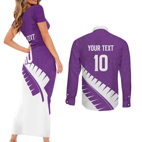 Custom New Zealand Cricket Couples Matching Short Sleeve Bodycon Dress and Long Sleeve Button Shirt Kiwi Birds Haka Dance Purple Fern Sporty Style
