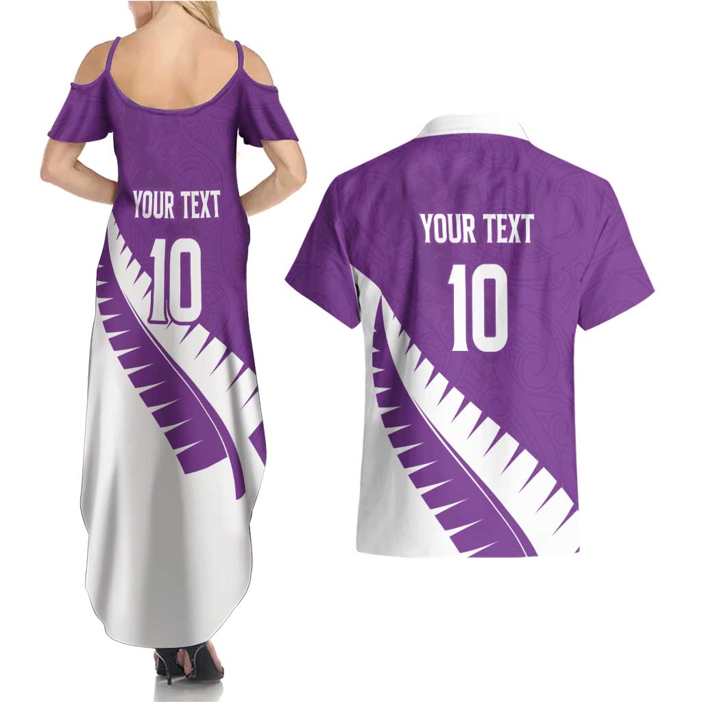 Custom New Zealand Cricket Couples Matching Summer Maxi Dress and Hawaiian Shirt Kiwi Birds Haka Dance Purple Fern Sporty Style