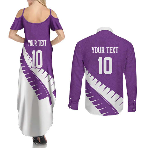 Custom New Zealand Cricket Couples Matching Summer Maxi Dress and Long Sleeve Button Shirt Kiwi Birds Haka Dance Purple Fern Sporty Style