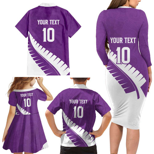 Custom New Zealand Cricket Family Matching Long Sleeve Bodycon Dress and Hawaiian Shirt Kiwi Birds Haka Dance Purple Fern Sporty Style